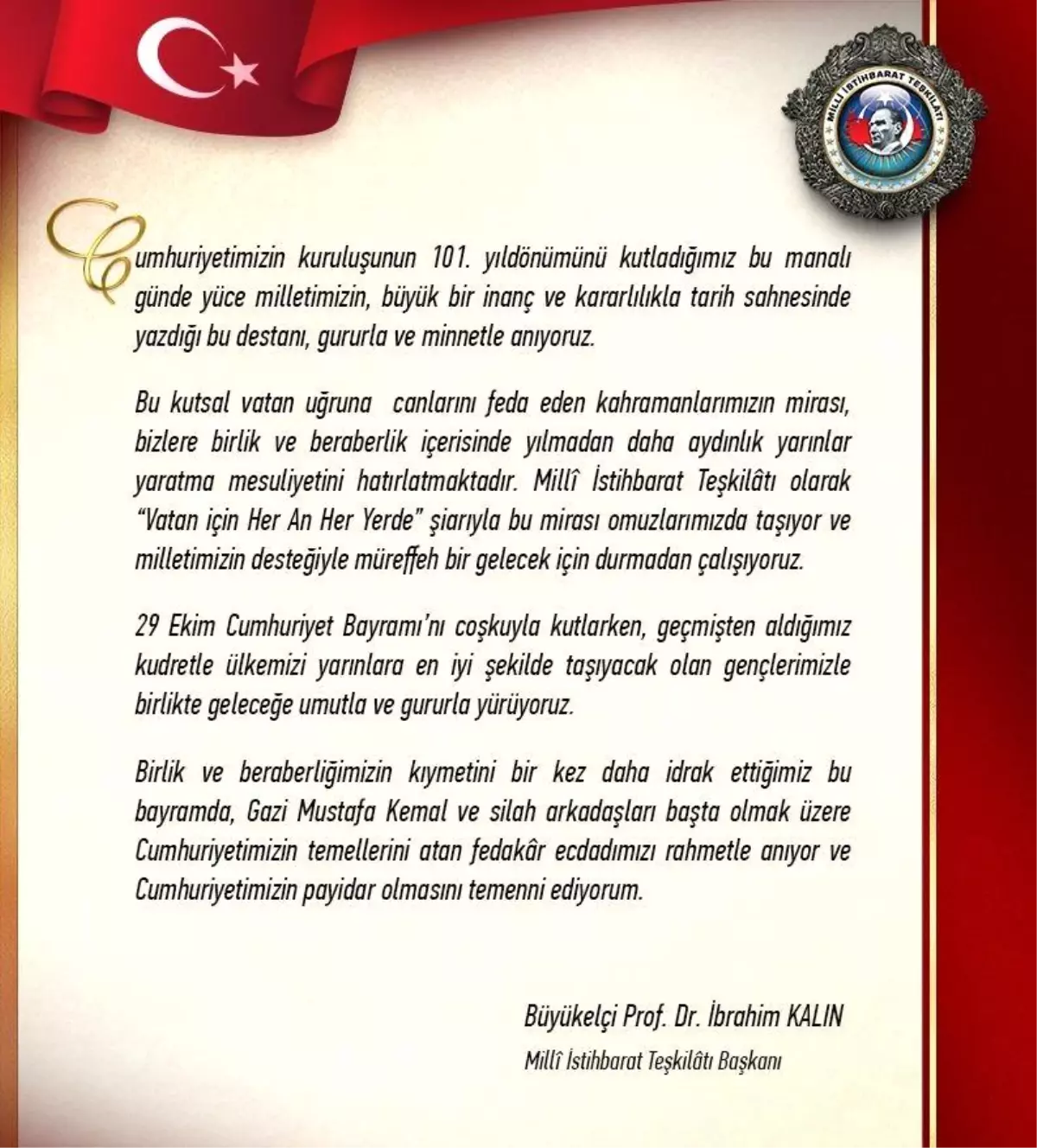 MİT Başkanı Kalın’dan Cumhuriyet Bayramı Mesajı