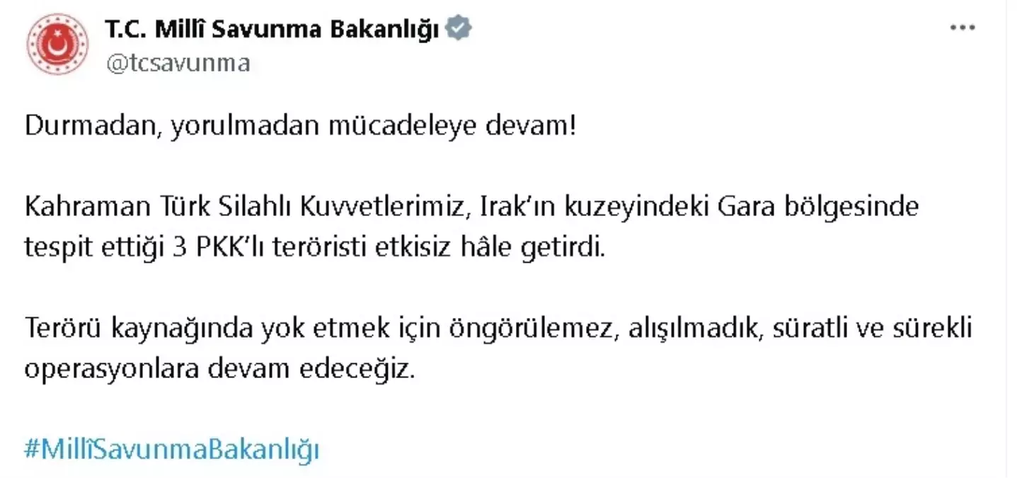Gara’da 3 PKK’lı Terörist Etkisiz Hale Getirildi